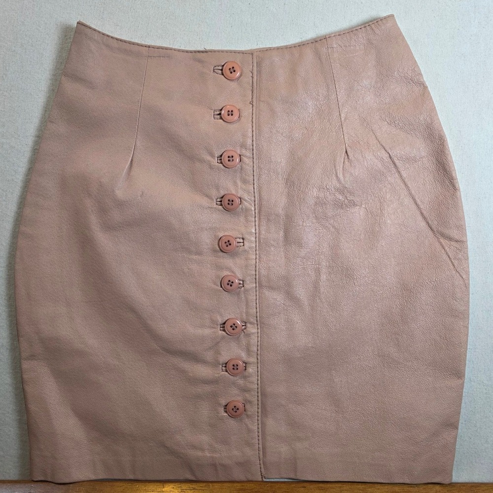 Newport News Pencil Skirt Blush Pink Leather Button Front Womens Sz 8 Mini Vtg